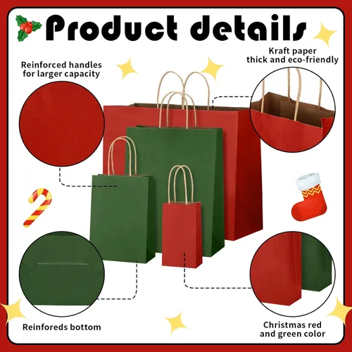 Miniatura 4 de Tenceur 100 bolsas de regalo de Navidad rojas y verdes, bolsas de papel kraft con asas, regalo de vacaciones para boda, baby shower, despedida