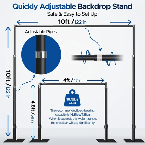 Miniatura 3 de Soporte para telón de fondo de tubo y cortina, marco de fondo ajustable resistente de 10 x 10 pies con base de metal, soporte para telón de fondo
