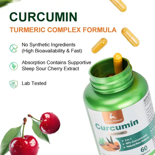 Miniatura 5 de JulyDeer Complejo de cúrcuma de curcumina, 2 botellas con semillas de apio, cereza agria, extracto de incienso, glucosamina, 95% curcuminoides