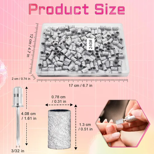 Miniatura 6 de Bandas de lijado para uñas, banda de lijado de grano 180 para taladro de uñas, 200 bandas de lijado rosa de grano fino 180 con broca de lijado