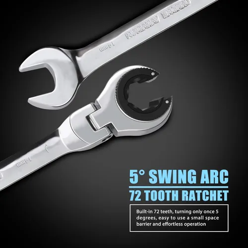 Miniatura 4 de LOSCHEN 1 pieza de 14 mm de llave de trinquete de cabeza flexible abierta, llave de trinquete métrica con 77 dientes, llave de tubo de trinquete