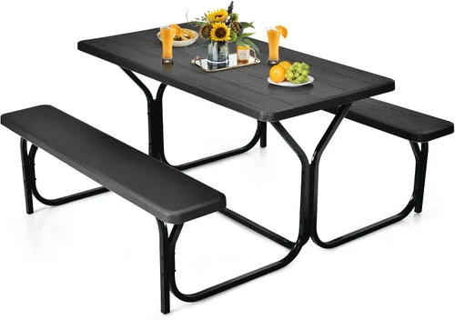 Moccha - Juego de Mesa y Banco de Pícnic - Mesa de Pícnic Portátil de Plástico con Marco de Acero y Textura Similar a la Madera, Kit de Mesa de