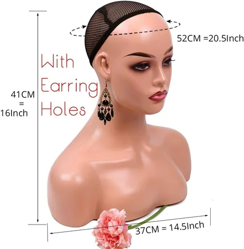 Miniatura 2 de Cabeza de maniquí femenina realista con hombro para exhibición, cabeza de maniquí con hombro para peluca/joyería/maquillaje/sombrero/gafas de sol