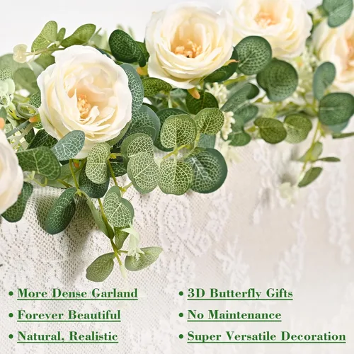 Miniatura 2 de Yastouay 2 guirnaldas de flores de 13.4 pies con mariposa, guirnalda de eucalipto artificial con flores de champán, rosa falsa de camelia