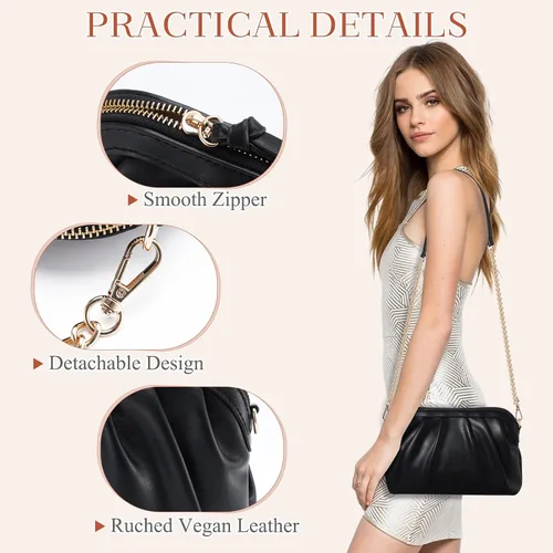 Miniatura 6 de VASCHY Bolso de mano para mujer, de cuero vegano fruncido, pequeño, formal, de noche, bolso cruzado al hombro, boda, fiesta