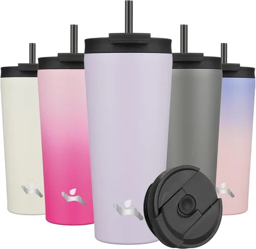 Miniatura 54 de Konokyo Vaso aislado de 18 onzas con tapa y 2 pajillas, botella de agua de acero inoxidable, taza de viaje al vacío, taza de café, color blanco ángel