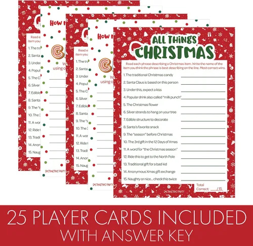 Miniatura 4 de DISTINCTIVS Juegos de Fiesta de Navidad, (Paquete de 2 Juegos) - Trivia de Todo sobre Navidad y Juego de Palabras Anagramas - 25 Tarjetas de Doble