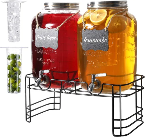 Miniatura 8 de Dispensadores de bebidas de 2 galones para fiestas, dispensadores de bebidas con soporte, dispensador de jarra de agua de vidrio, con grifo de acero