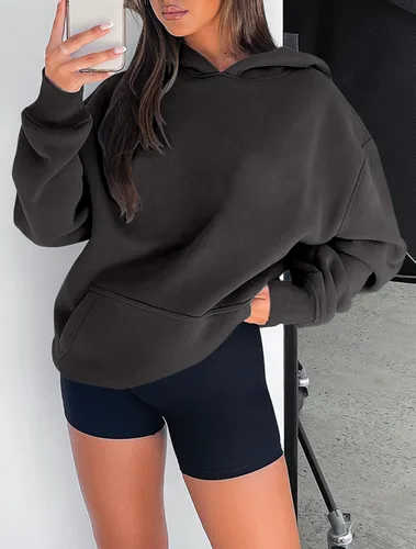 Miniatura 54 de onlypuff Sudadera casual con capucha para mujer, de manga larga, con bolsillo de canguro, hombro caído