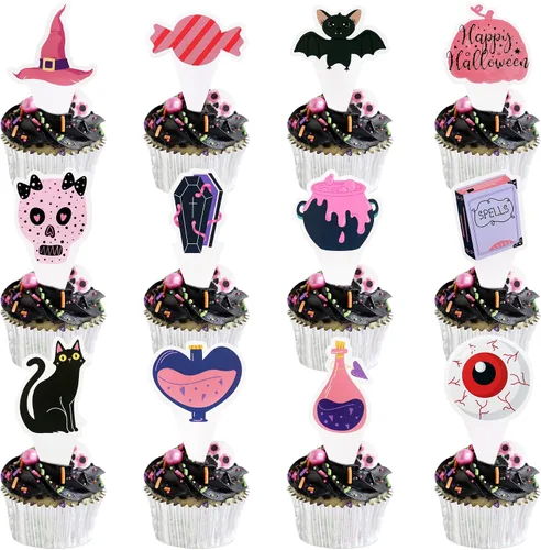 Miniatura 17 de Ercadio Paquete de 36 adornos para cupcakes de Halloween, sombrero de bruja, araña, calabaza, fantasma, gato, cupcakes, baby shower, cumpleaños