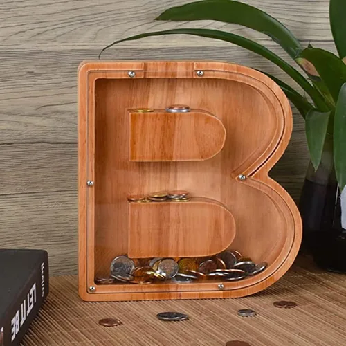 Miniatura 6 de Alcancía de madera con letras para niños y niñas, 26 letras del alfabeto, caja de ahorro de dinero, regalo de cumpleaños para niños y adultos C