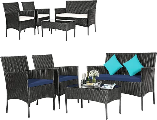Miniatura 11 de Tangkula Juego de muebles de patio de 4 piezas, juego de conversación de mimbre para exteriores con mesa de vidrio templado, juego de sofá y sillas