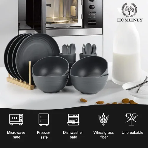 Miniatura 3 de Juegos de vajilla de paja de trigo, Homienly 20 piezas de vajilla irrompible apta para microondas y lavavajillas, cubiertos ligeros, cuencos, tazas