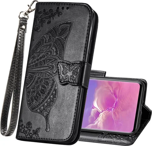 Miniatura 18 de Funda protectora de piel sintética para Samsung Galaxy S10e, con tapa y ranura para tarjetas, bolsillo en relieve, diseño de flores y mariposas