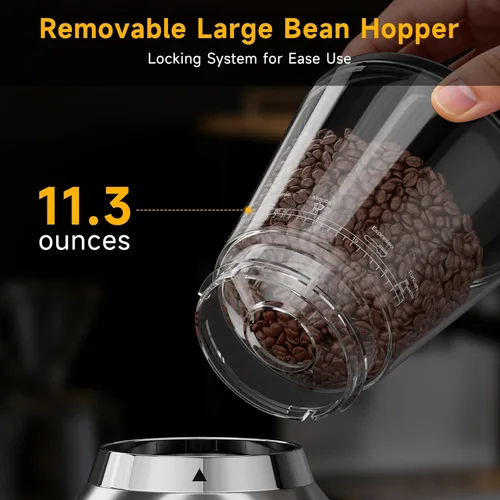 Miniatura 8 de Molinillo de café cónico con rebabas de acero inoxidable de 1.575 pulgadas, 34 ajustes de molienda y antiestático, molinillo eléctrico para expreso
