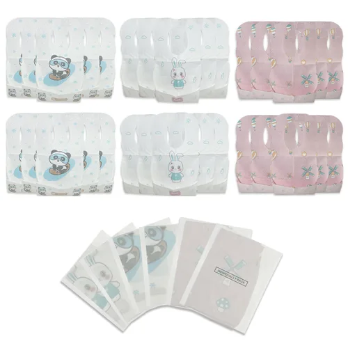 Miniatura 9 de 100 PCS Disposable Bibs for Toddlers, 5 Patterns Individually Packaged Baby Bibs with Catcher and Waterproof Liner for Boys Girls Eating, Baby