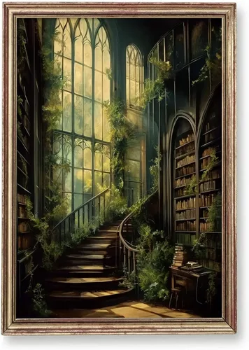 Lienzo gótico de la academia oscura, arte de pared, arte victoriano vintage, arte medieval con castillo medieval, pósteres de biblioteca, cuadros de