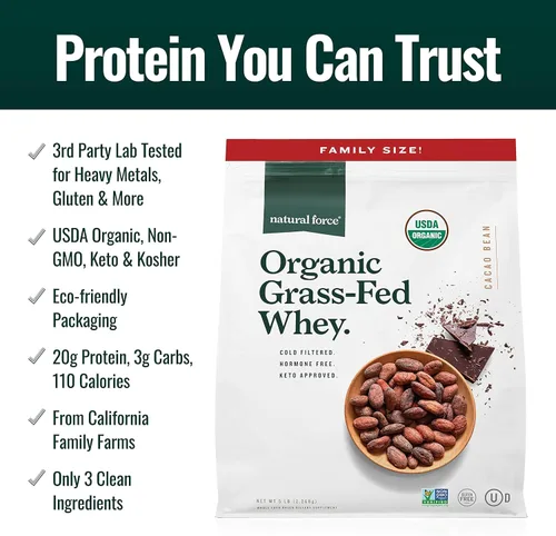 Miniatura 3 de Natural Force Proteína de suero en polvo – Chocolate, 5 libras – Orgánico alimentado con pasto, puro, apto para dieta cetogénica y paleo, bajo