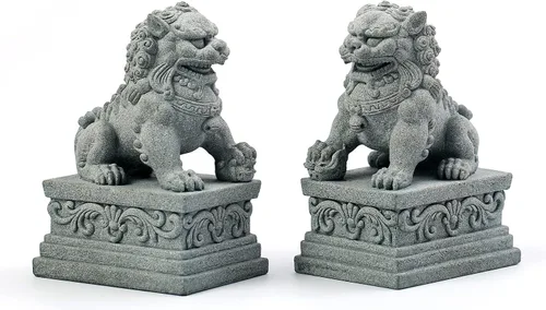 Miniatura 7 de Foo Dogs Estatuas Par de León Guardián Fu Foo Perros Estatuas de Piedra Chino Feng Shui Decoración de inauguración de la casa Felicitaciones