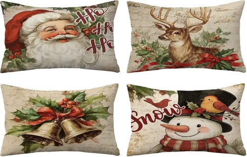 Miniatura 28 de Juego de 4 fundas de almohada de Navidad de 12 x 12 pulgadas, fundas de almohada de terciopelo de Navidad, fundas de almohada doradas y rojas