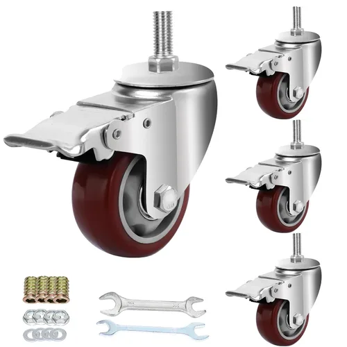 Miniatura 11 de AOCHENLY Ruedas giratorias, ruedas resistentes M8-1.25x1-1/5, ruedas giratorias roscadas con frenos dobles, juego de 4 (M8-1.25x1-1-1/5, 3 pulgadas)