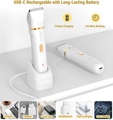 Miniatura 8 de HEBECA Recortadora de bikini para mujer, maquinilla de afeitar eléctrica 3 en 1 para mujeres con recortadores faciales y afeitadora íntima
