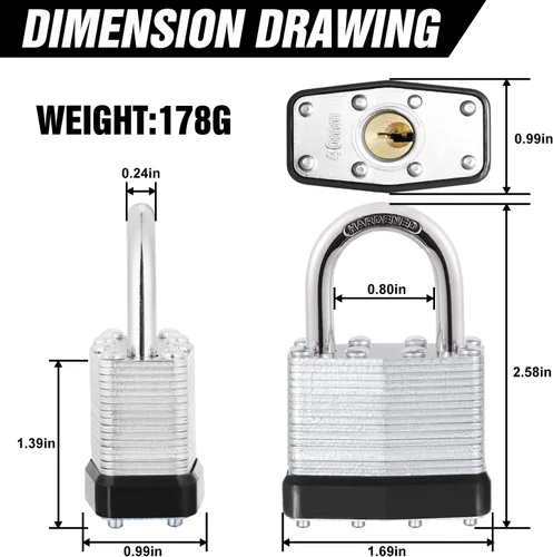 Miniatura 5 de 6 candados con las mismas llaves, acero laminado negro plata (1-9/16 pulgadas, 1.575 in), grillete normal para cobertizos, puertas, vallas, caja