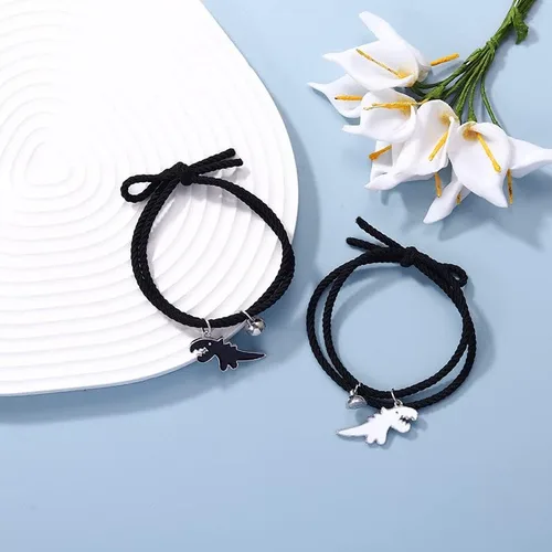 Miniatura 2 de Juego de 2 pulseras magnéticas de dinosaurio a juego con cuerda trenzada ajustable para mejor amigo, novio, novia, amante, amistad, joyería linda