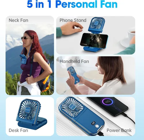Miniatura 2 de Ventilador de mano portátil 5 en 1 recargable por USB, ventilador de collar, ventilador de escritorio, soporte plegable para teléfono, flujo de aire