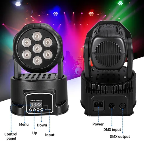 Miniatura 3 de MINGJIE Luces de DJ con cabeza móvil, 12 colores 7x10W LED foco de escenario de lavado con DMX y sonido activo, inclinación de 540° de inclinación