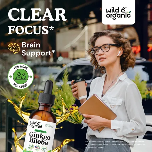 Miniatura 2 de Wild & Organic Tintura de ginkgo biloba, apoyo para el cerebro y la concentración con suplemento de hoja de ginkgo, tintura de extracto de hierbas