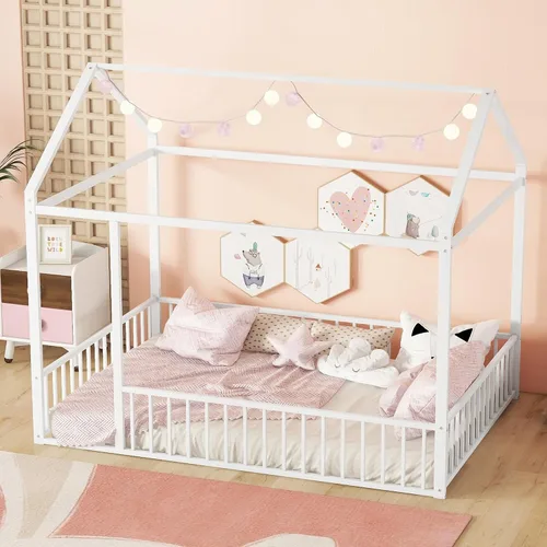 Miniatura 15 de Bellemave Cama de Piso Montessori Tamaño Twin, Marco de Cama Casa de Metal para Niños, Camas de Piso Montessori con Cerca, Blanco