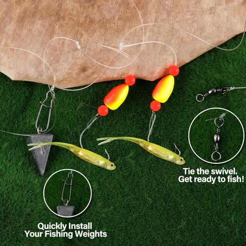 Miniatura 6 de Alwonder Paquete de 5 aparejos de pesca Pompano con flotadores Snell, aparejo giratorio de cebo vivo de agua salada, broches de presión de doble