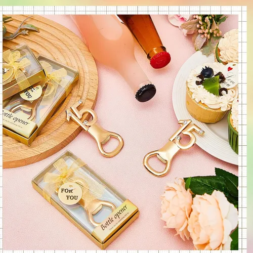 Miniatura 4 de Suclain 36 piezas de recuerdos de fiesta de quinceañera, regalos de fiesta de cumpleaños de 15 años, abrebotellas doradas con caja de regalo