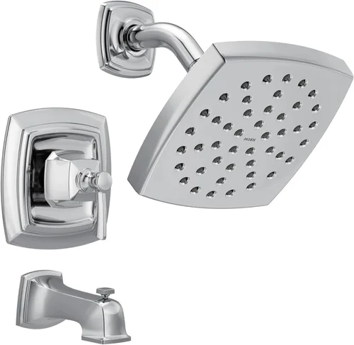 Moen Conway Chrome Posi-Temp Juego de Grifo para Tina y Ducha con Cabezal Cuadrado, Manija de Palanca de Ducha y Boca de Tina, Válvula Incluida,