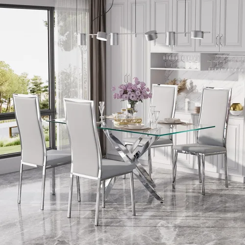 Miniatura 23 de Juego de 4 sillas de comedor modernas, de piel sintética blanca con patas de metal cromado dorado, diseño de respaldo alto curvo y acolchado