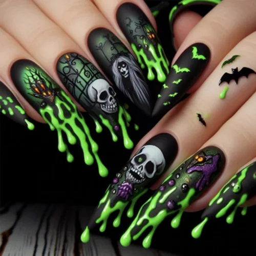 Miniatura 22 de Uñas postizas a presión para Halloween, con forma de hueso gótico, de terror, de cobertura completa, color blanco y negro, acrílico, para fiestas