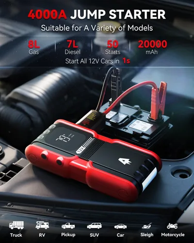 Miniatura 2 de Andeman Arrancador de auto 4000A con batería de 20000 mAh, paquete de batería portátil para auto, carga rápida Type-C, puente de litio de 12 V