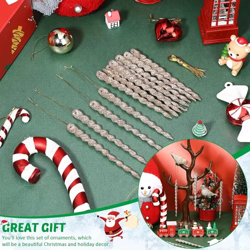 Miniatura 5 de 60 piezas de adornos de carámbano torcido, decoración de árbol de Navidad, tiras en espiral con purpurina para colgar en Navidad, fiestas, Champán