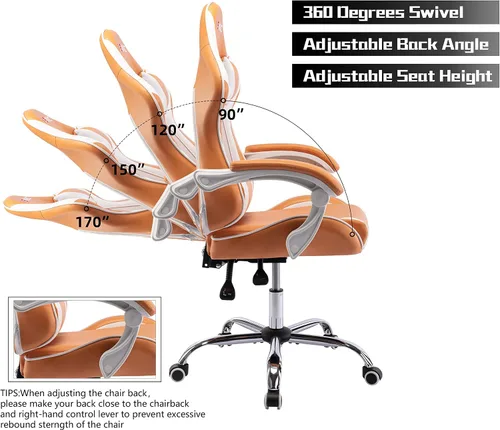 Miniatura 6 de Silla de juegos para adultos, silla ergonómica de respaldo alto para juegos de computadora con reposacabezas y soporte lumbar, color naranja