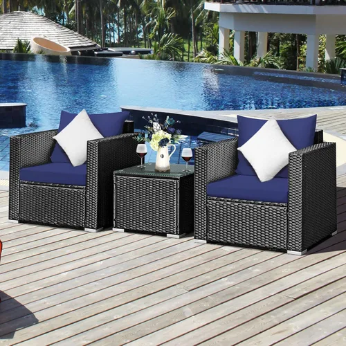 Miniatura 5 de COSTWAY Juego de muebles de patio de 3 piezas, sillones acolchados y mesa de centro de vidrio templado, juego de sofá de mimbre para jardín, balcón