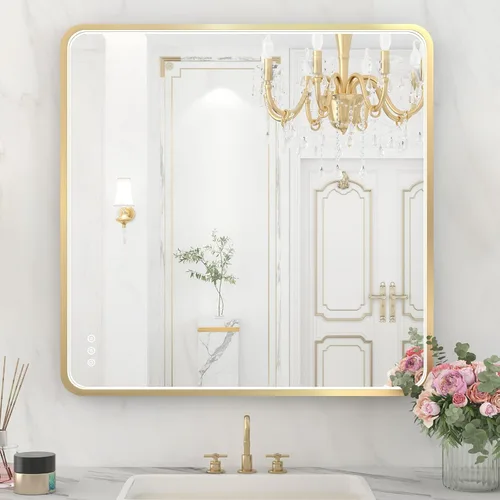 Miniatura 22 de Espejo de baño LED de 24x32 pulgadas con luces, espejo LED con marco de metal negro para baño, 3 colores y luz regulable sin escalones montada
