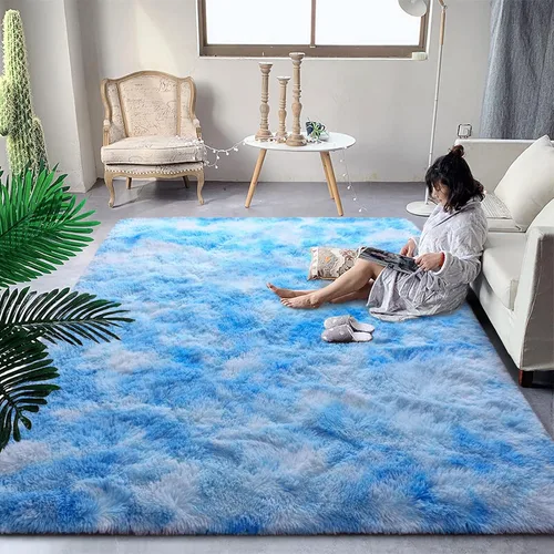 DweIke Alfombras Shag Esponjosas Azules para Dormitorio Sala de Estar, 5x8 Grande Suave Felpa Tie-Dye Azul Cielo para Niñas y Niños, Alfombra Azul