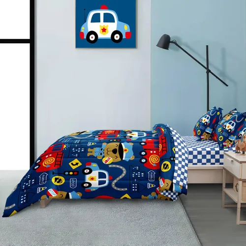 Miniatura 4 de Juego de edredón de carro de policía para niños pequeños, juego de ropa de cama de camión de bomberos y carro de policía, colección de ropa de cama