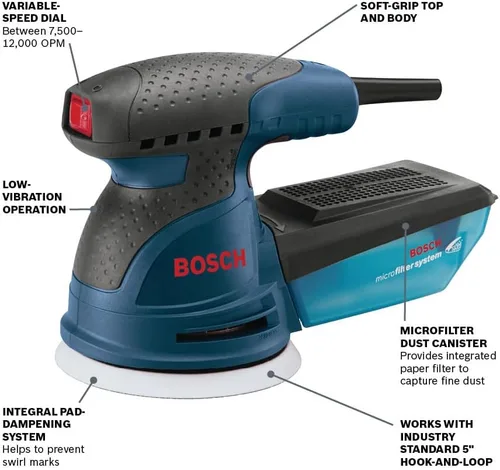 Miniatura 3 de BOSCH ROS20VSC lijadora palmar 2.5 Amp 5 pulgadas con cable, lijadora orbital aleatoria de velocidad variable, kit pulidor con colector de polvo
