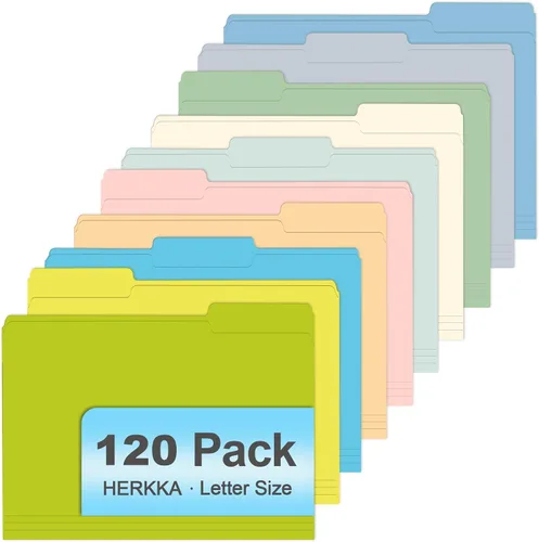 HERKKA - Carpeta de archivos, paquete de 120 carpetas de archivos con pestaña de corte de 1/3, tamaño carta, 10 colores surtidos, carpetas de