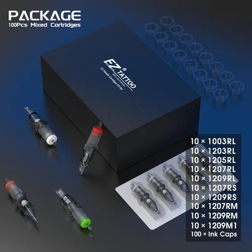 Miniatura 2 de EZ 100 agujas de cartucho de tatuaje Revolution surtidas 3RL 5RL 7RL 5RS 7RS 7M1 9M1 11M1 9CM 15CM con 2 agarres de aluminio agujas de tatuaje