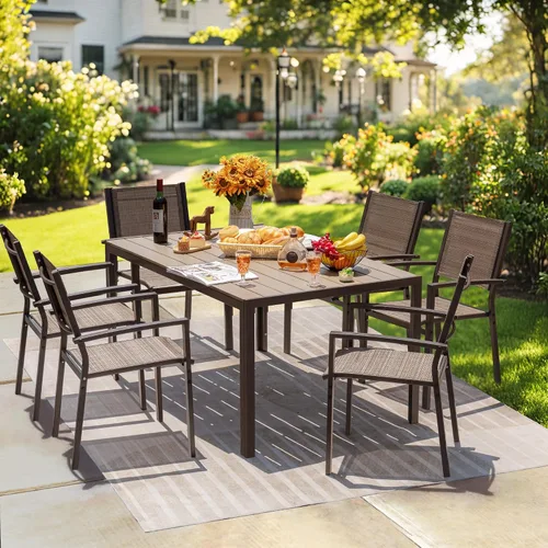 Miniatura 2 de Rankok Juego de 6 sillas de comedor apilables para exteriores con reposabrazos de 290 libras, sillas de comedor de textileno para patio trasero
