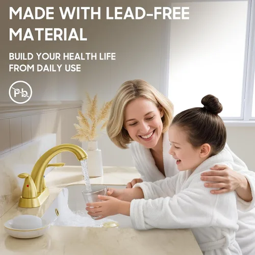 Miniatura 4 de Phiestina Grifo de Baño de Oro Cepillado de 4 Pulgadas Centerset 2 o 3 Agujeros 2 Manijas, Grifo de Baño con Desagüe Emergente de Cobre y Líneas