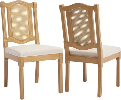 Miniatura 90 de Juego de 2 sillas de comedor de campo francés, sillas de comedor de madera de granja beige, silla de comedor con respaldo tejido con cojín tapizado